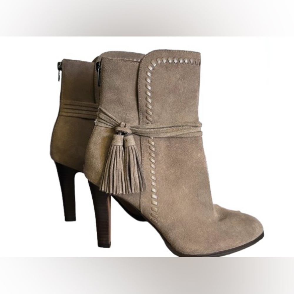Coach Suede Heeled Boots Gray Brown Heels Boho Leather Designer Coach 9B Jessie